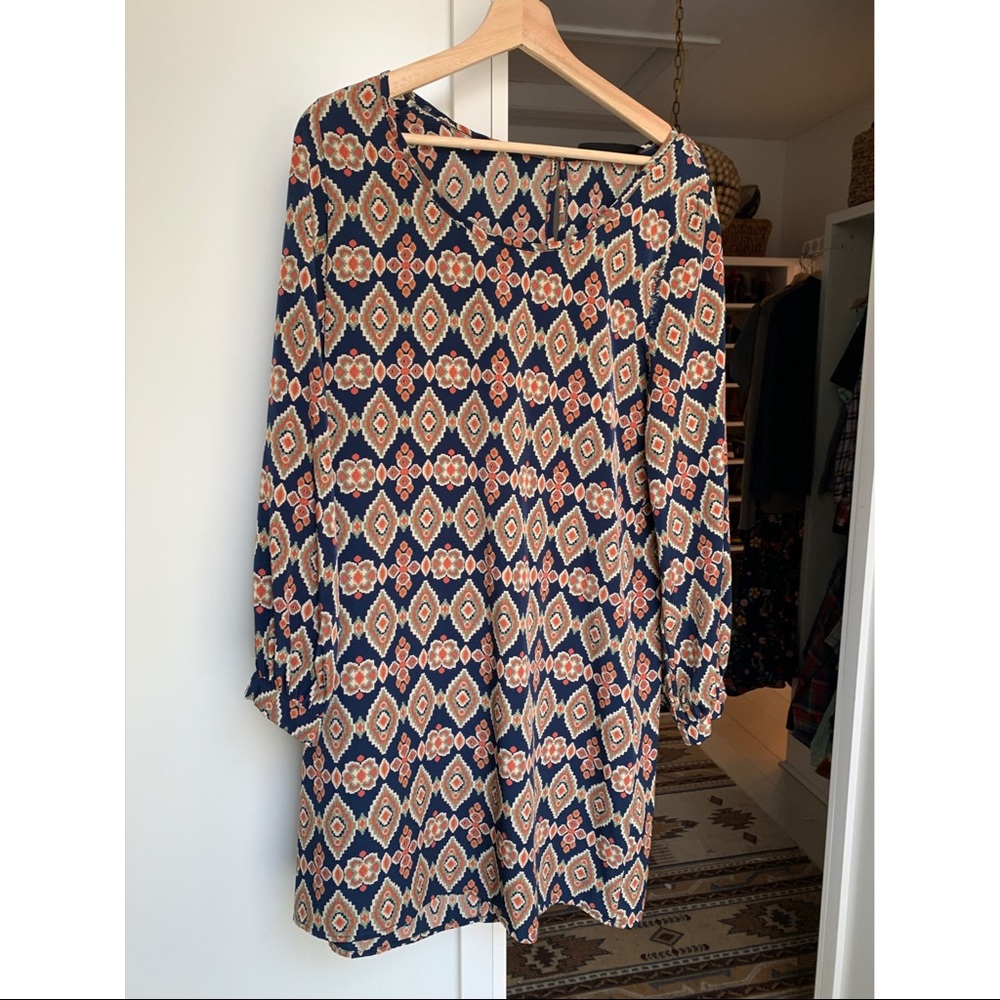 Navy & Orange Peaches N Cream Patterned LS Dress